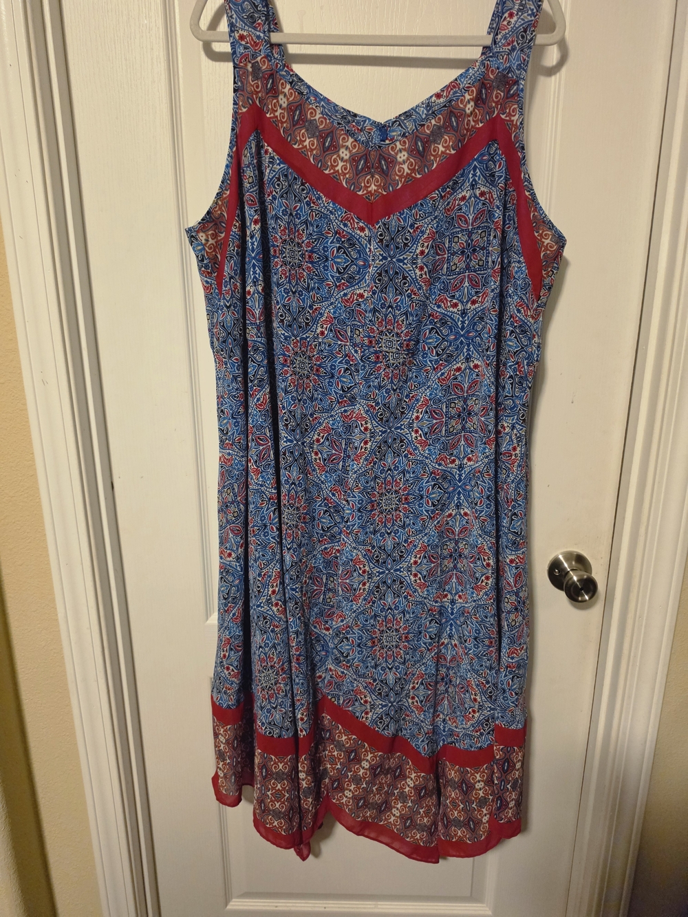 Catherines Blue and Red Printed Sleeveless Midi Dress With Hankechief Hem